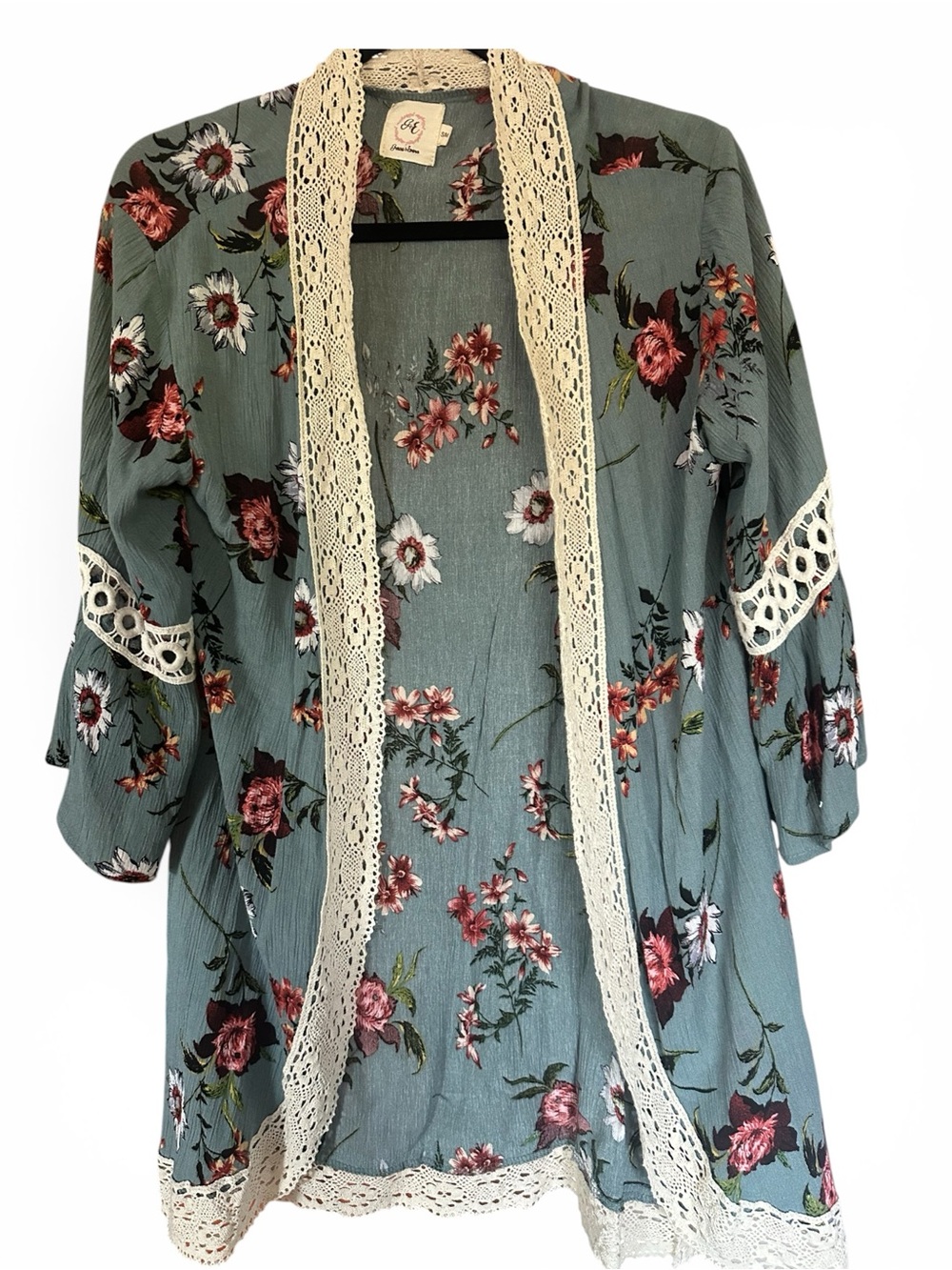 Grace & Emma Floral Lace Trim Kimono Cardigan in Teal with Flowers Size S/M